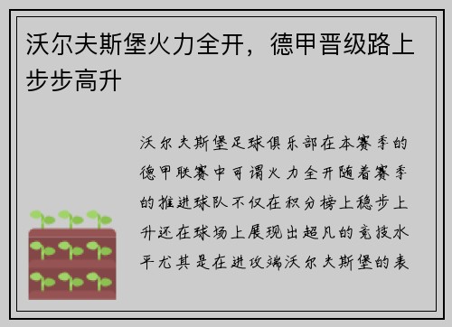 沃尔夫斯堡火力全开，德甲晋级路上步步高升