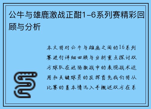 公牛与雄鹿激战正酣1-6系列赛精彩回顾与分析